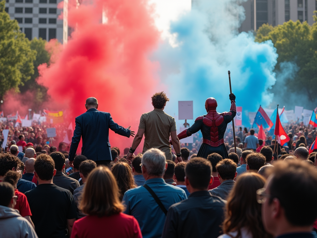 Люди на митинге с красными и синими дымовыми шашками, в т.ч. человек в костюме Супергероя.