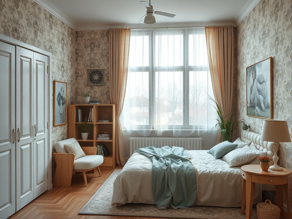 Современная спальня с светлой мебелью, большими окнами и уютной атмосферой.