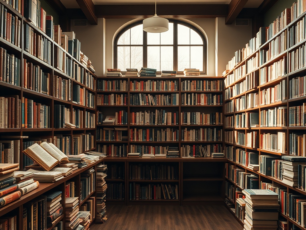 Уютная библиотека с книжными полками, заполненными книгами, и ярким светом, проникающим через окно.