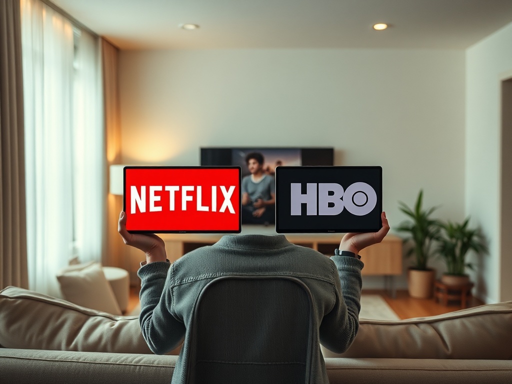 Человек сидит на диване, держа в руках планшеты с логотипами Netflix и HBO. В комнате уютная обстановка.