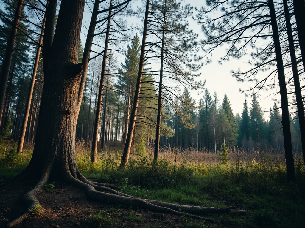 Светлое лесное пространство с высокими деревьями и густой растительностью на фоне реки и утреннего тумана.