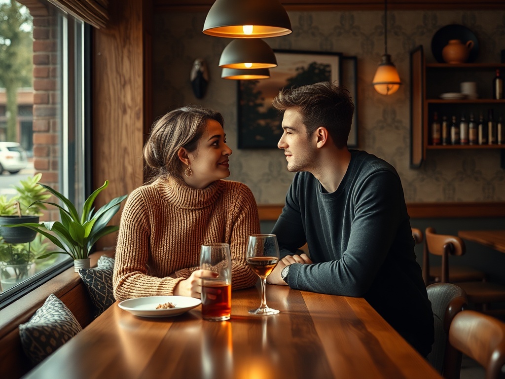 Пара сидит в кафе у окна, улыбаются друг другу, перед ними напитки и тарелка с блюдом.