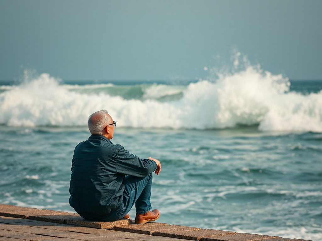 Пожилой мужчина сидит на берегу моря, gazing at the waves и наслаждаясь спокойствием природы.