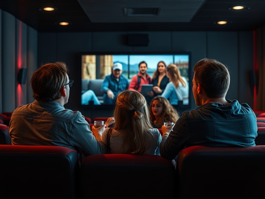 Компания друзей смотрит фильм в уютном кинотеатре. На экране сцена с несколькими персонажами.