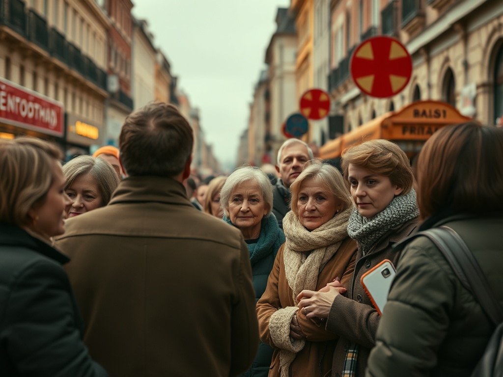 Группа людей в городе. Женщины и мужчины общаются на улице в холодную погоду, окружающие магазины и таблички.