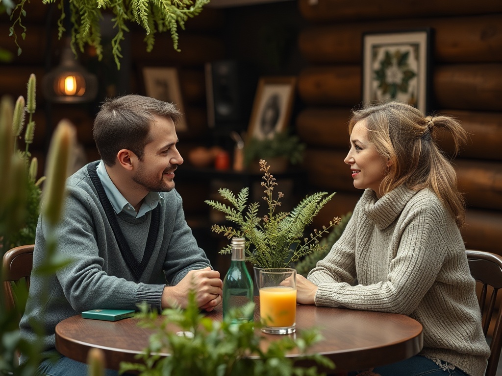 Молодая пара сидит за столом в уютном кафе, обсуждая что-то с улыбками на лицах. Стол украшен растениями.