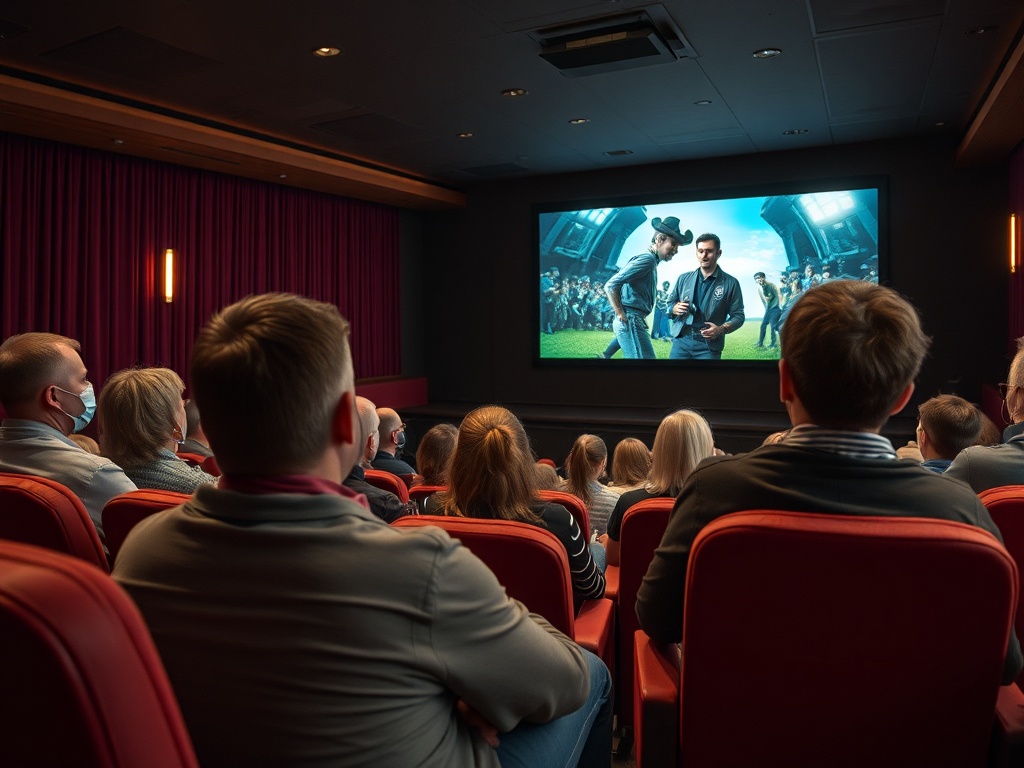 Посетители кинотеатра смотрят фильм на большом экране в уютной атмосфере современного зала.