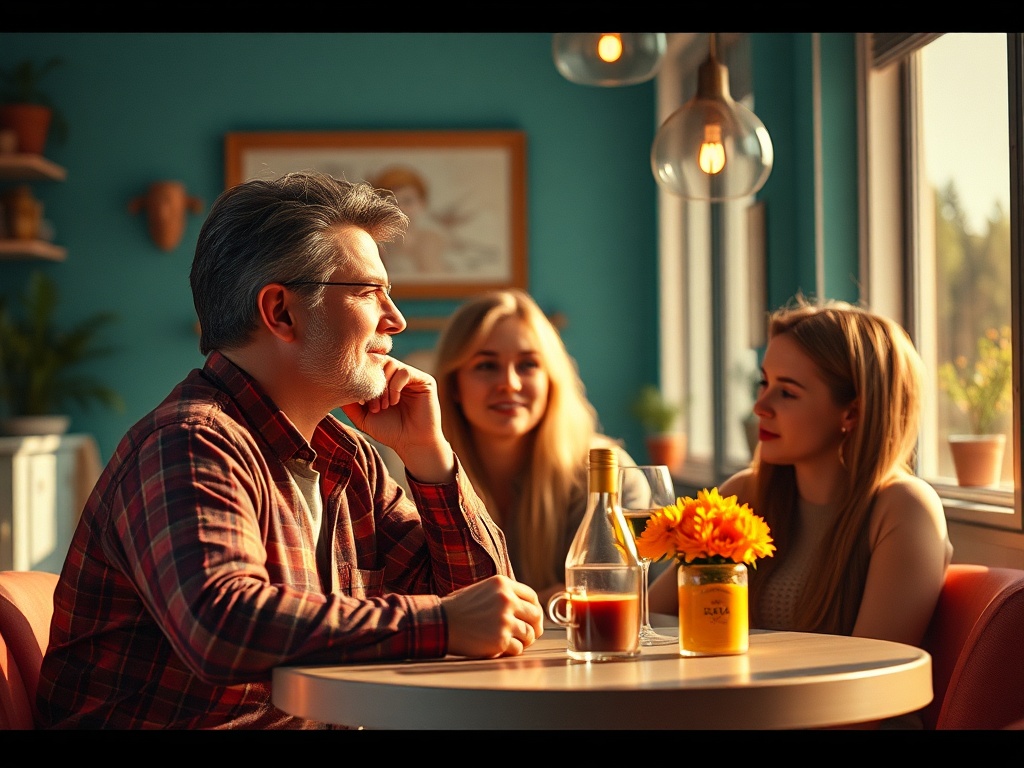 Трое друзей общаются за столом в уютном кафе, наслаждаясь напитками и солнечным светом.