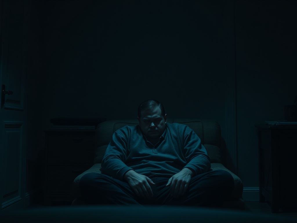 Мужчина сидит в темной комнате на диване, выглядя подавленным и усталым. Атмосфера мрачная.