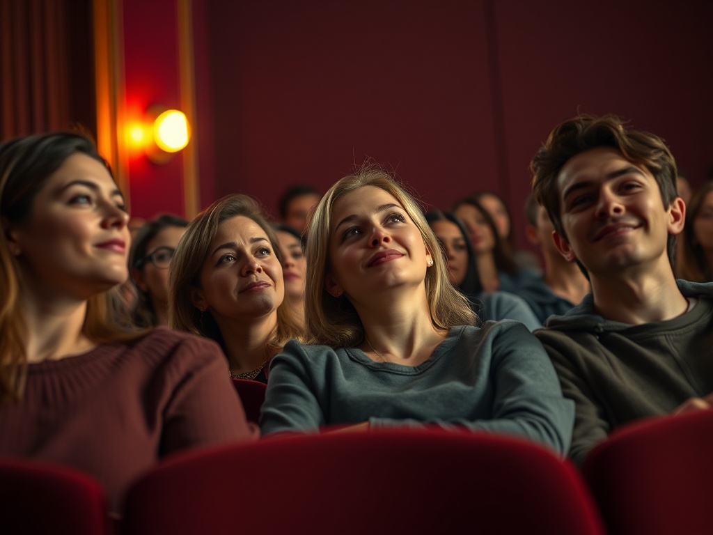Группа людей в театре, внимательно смотрящих на сцену, с выражением интереса и увлечения.