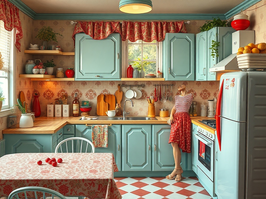 Современная кухня с бирюзовыми шкафами, деревянным столом и декоративными элементами. На столе лежат клубника и варенье.