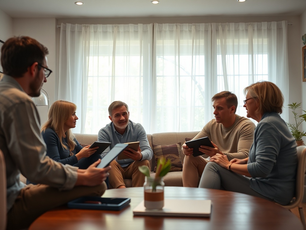 Группа людей обсуждает что-то, сидя в светлом помещении с окнами и уютной мебелью.