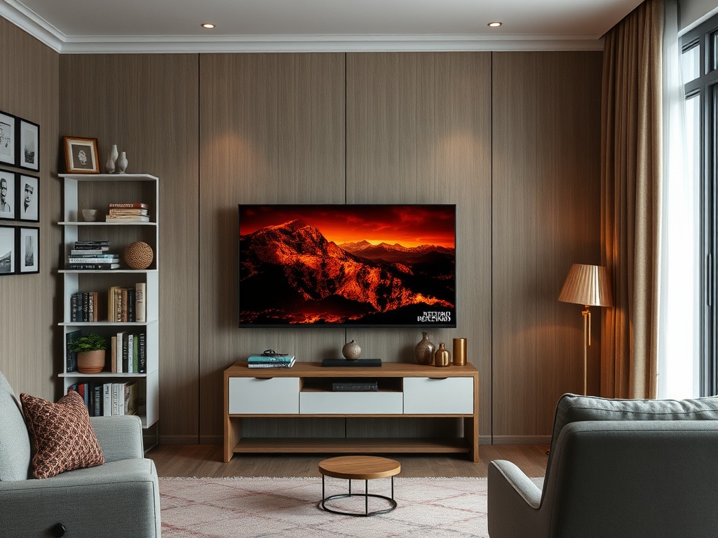 Современный гостиной с телевизором, книжными полками и уютной мебелью в мягких тонах.