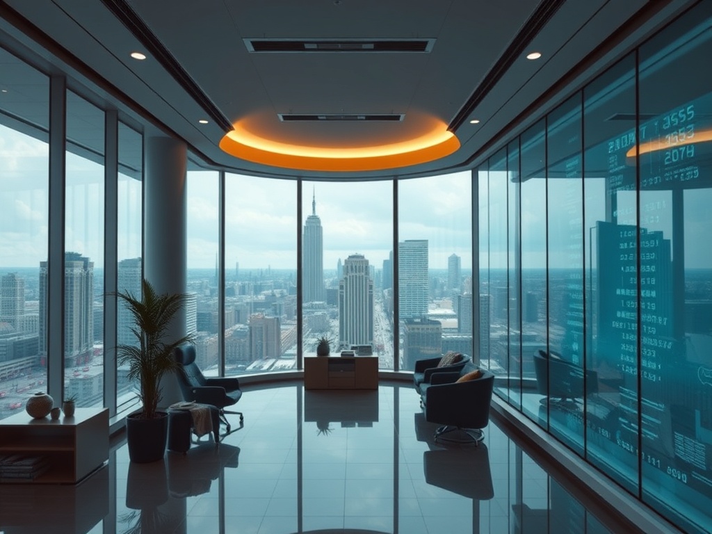 Современный офис с панорамным видом на город и Эмпайр-стейт-билдинг через окна. Стильный интерьер.