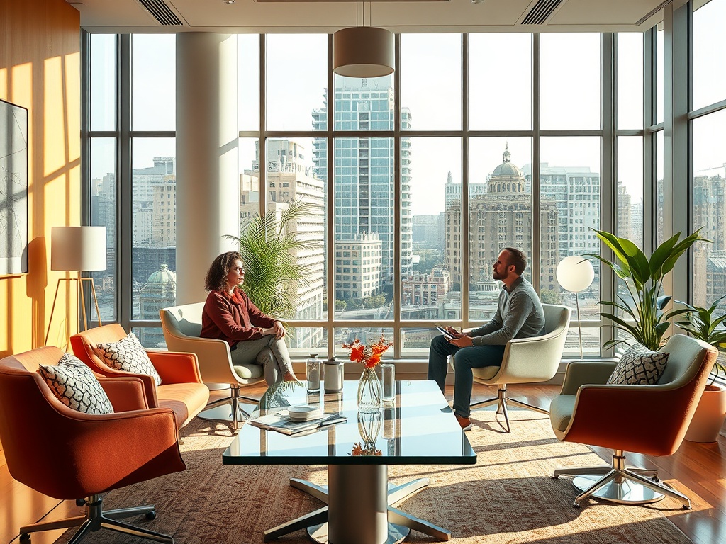Два человека беседуют в комфортном офисе с большими окнами и панорамным видом на город.