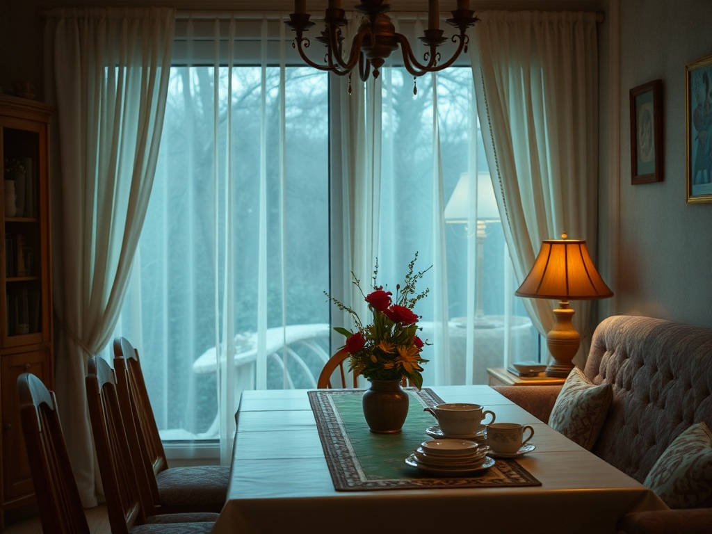 Уютный обеденный стол с цветами, чашками и лампой у окна, за которым виден туманный пейзаж.
