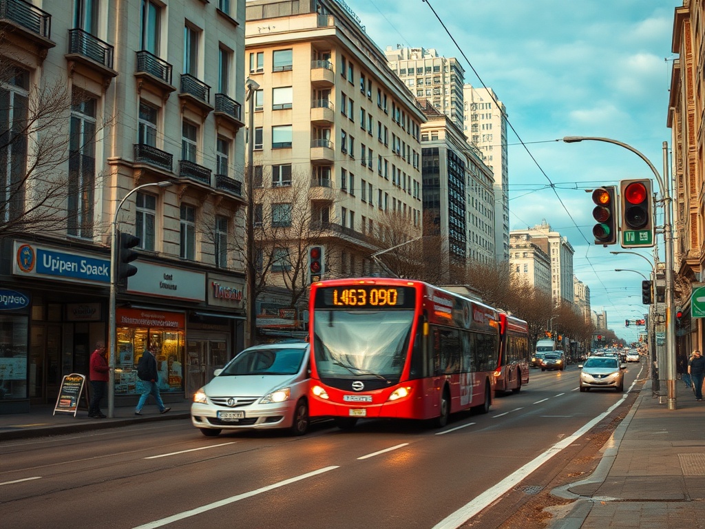 На улице городской автобус и легковой автомобиль, светофор на красном, здания вдоль дороги.