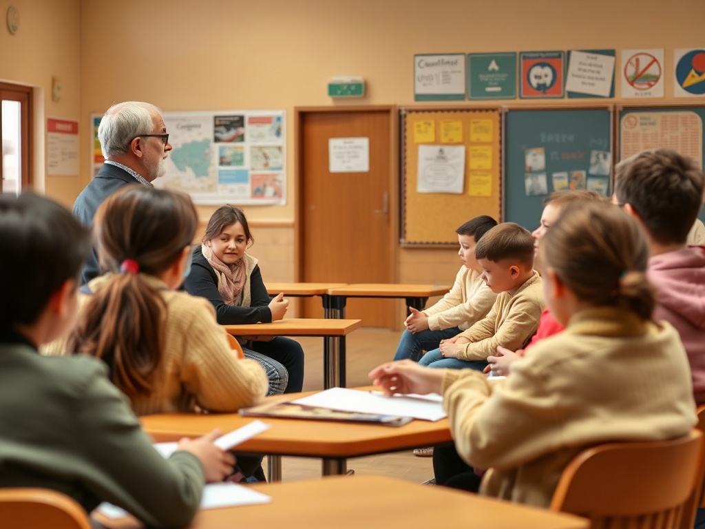 В классе группа детей слушает взрослого, который ведет занятие и общается с ними.