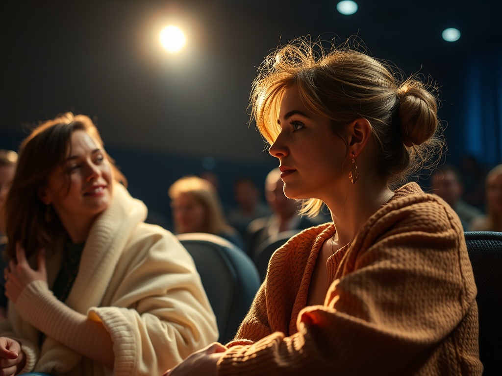 Две женщины в зрительном зале, одна улыбается, другая внимательно смотрит вперед под ярким светом.