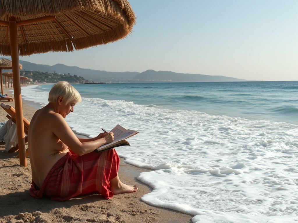 Женщина сидит на пляже под зонтом, пишет в блокноте, волны накатываются на берег. Солнечный день.
