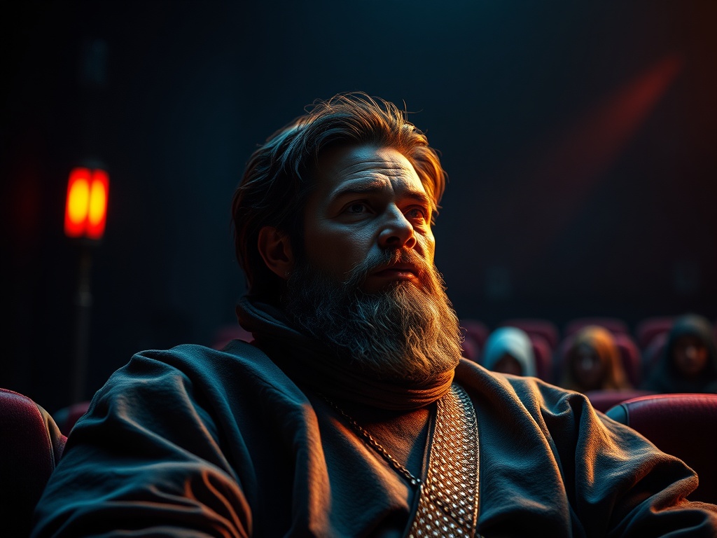 Мужчина с бородой в зрительном зале, погружённый в фильм, вокруг него размытые фигуры зрителей.