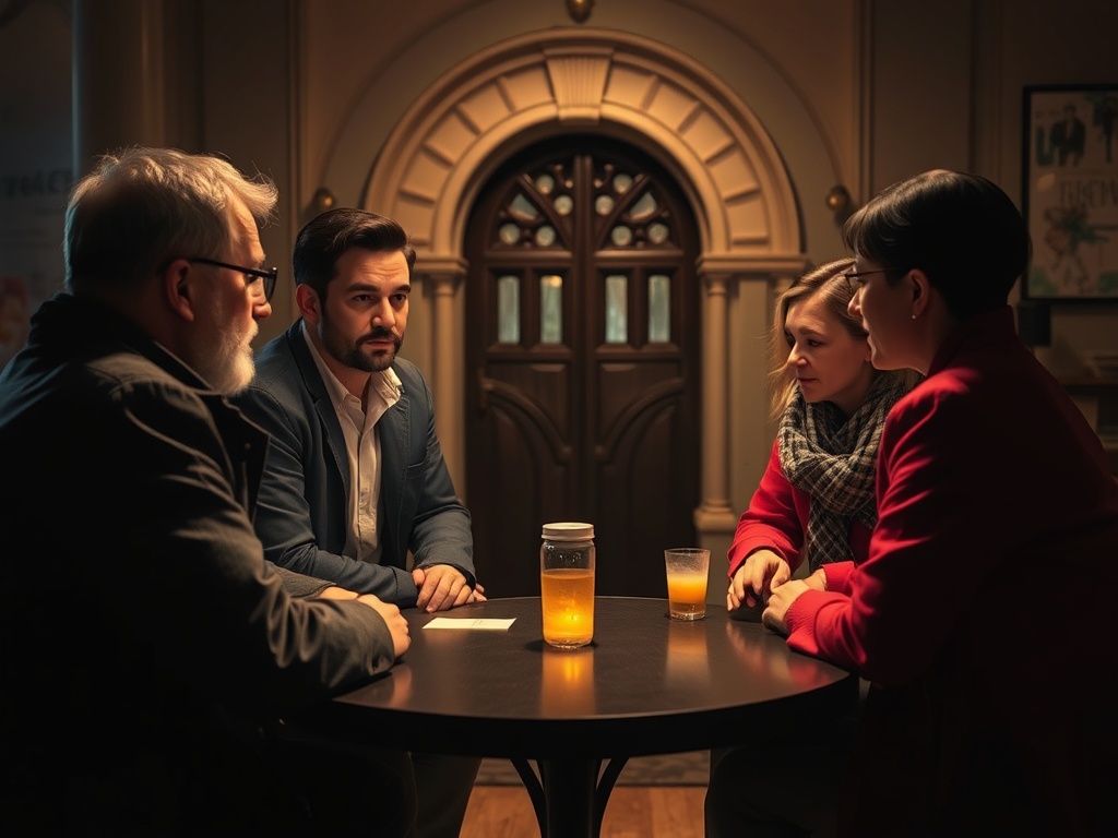 Четыре человека беседуют за круглым столом в уютном помещении, на столе напитки и заметки.