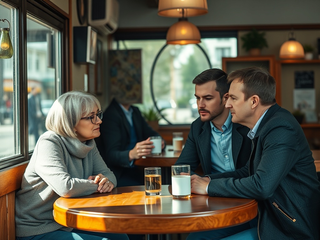 В кафе три человека обсуждают что-то важное, сидя за круглым столом. На столе напитки.