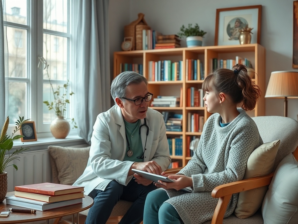 Доктор беседует с девочкой в уютной комнате, обсуждая медицинские вопросы. На столе книги и планшет.