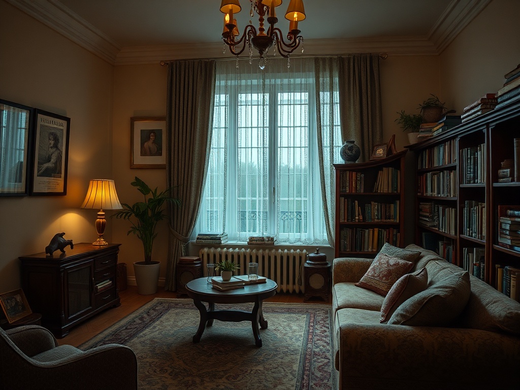 Уютная комната с литературным уголком, креслом, книгами и мягким освещением.