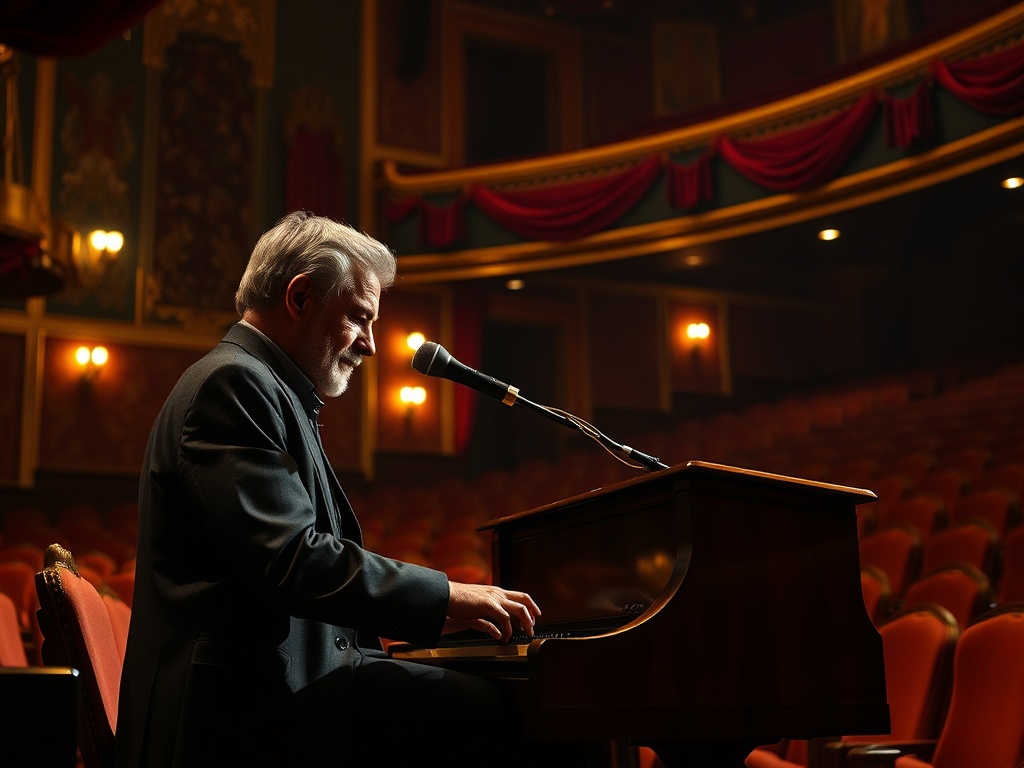 Музыкант в вечернем костюме играет на рояле в пустом театре, освещенном мягким светом.