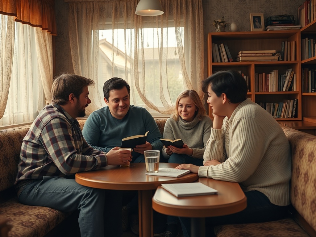 Четыре человека обсуждают книги за столом в уютной комнате с окнами и полками с книгами.
