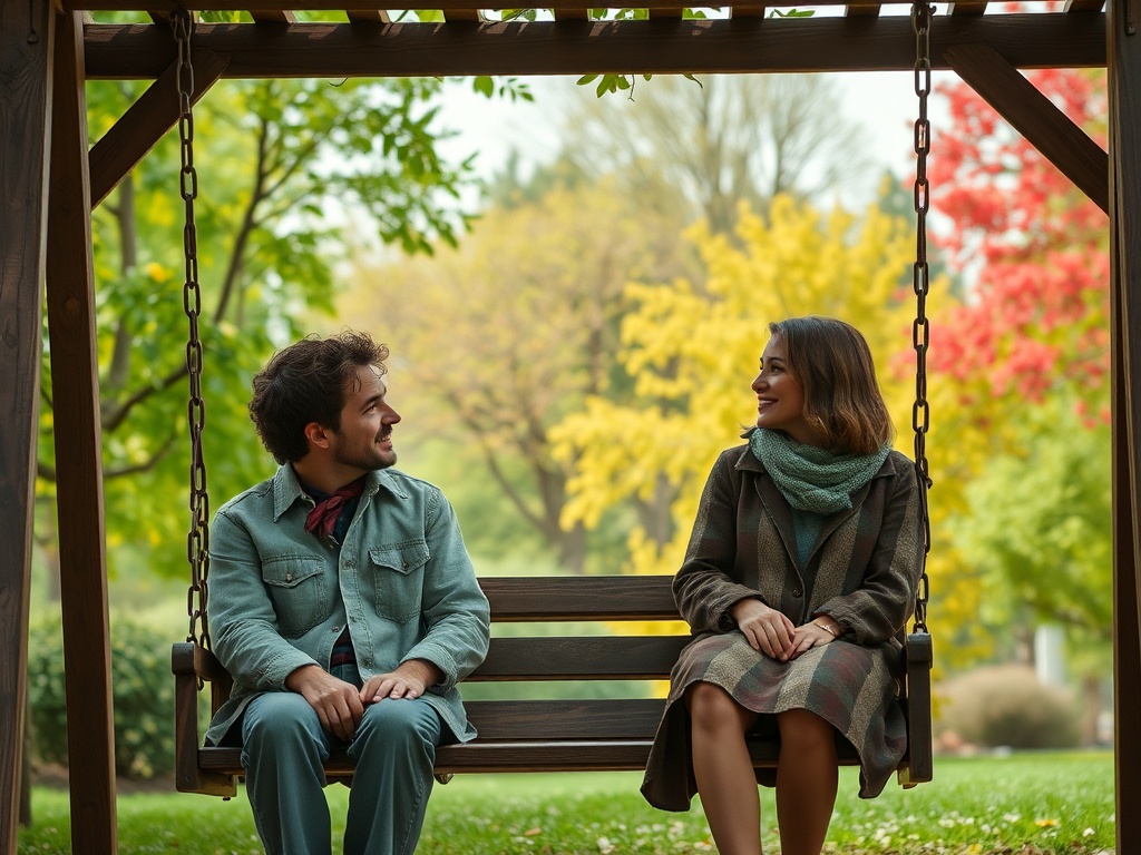 На качелях сидят молодые люди, улыбаясь друг другу на фоне осенних деревьев.