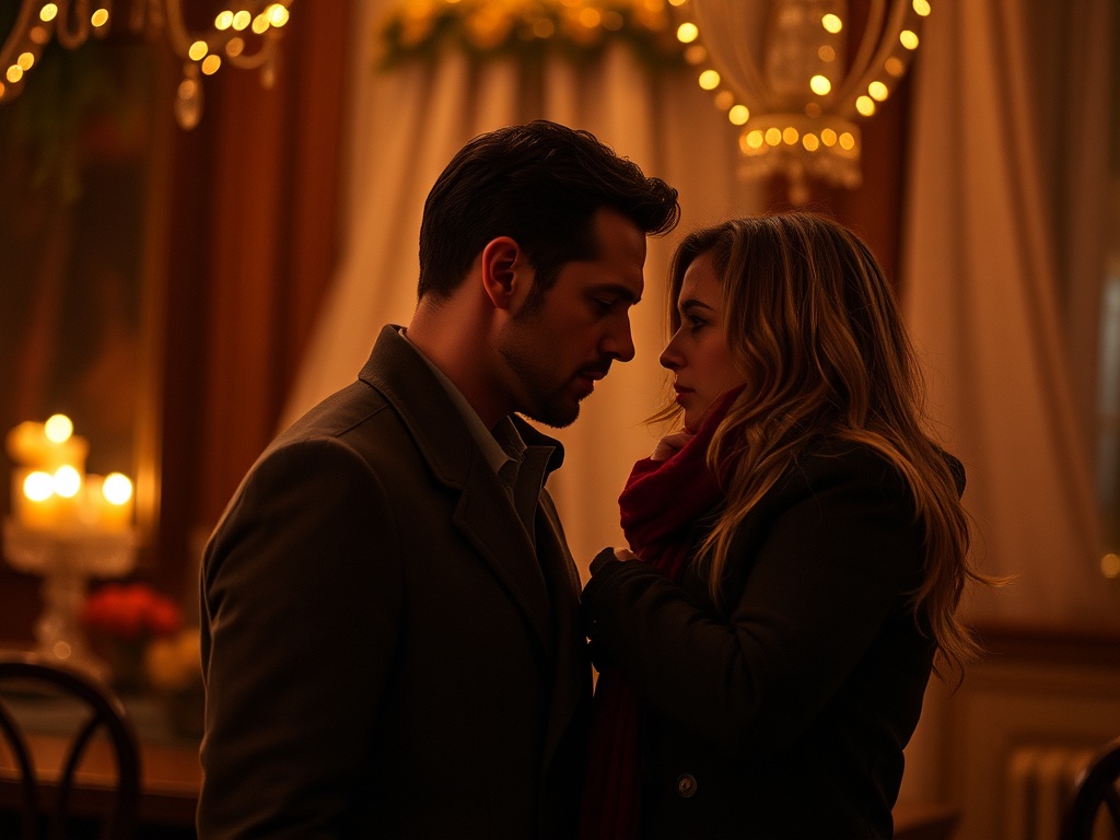 Пара смотрит друг на друга в романтической обстановке при мягком свете свечей.