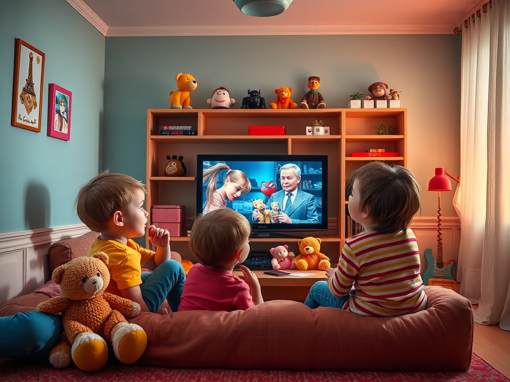 Трое детей сидят на диване и смотрят телевизор, где показывают передачу с куклами и ведущим.