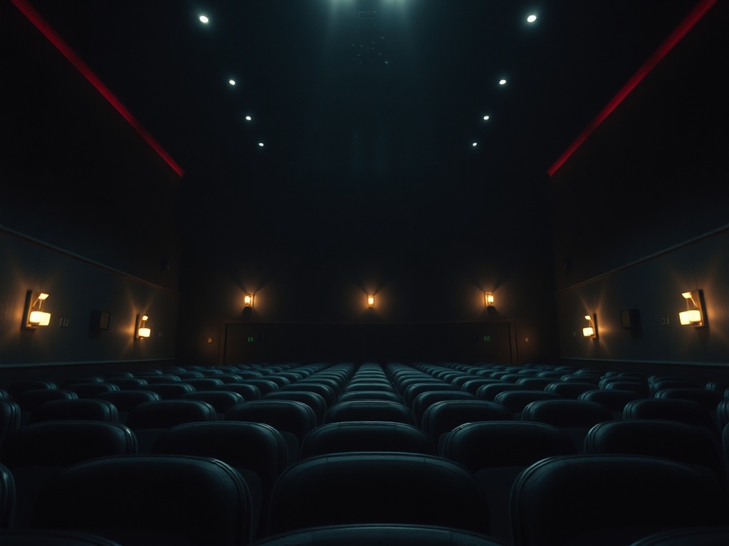 Пустой кинотеатр с рядами черных кресел и мягким освещением на стенах. Тишина и ожидание фильма.