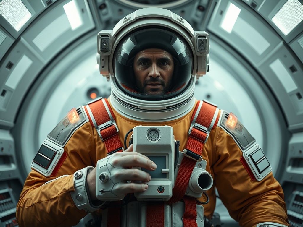 Астронавт в оранжевом костюме держит оборудование на фоне современного космического корабля.