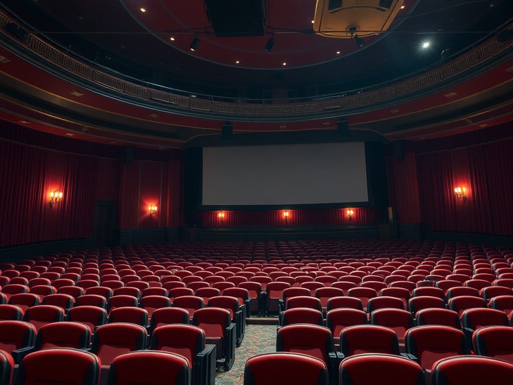Пустой кинотеатр с красными креслами и большим экраном на фоне украшенных стен.