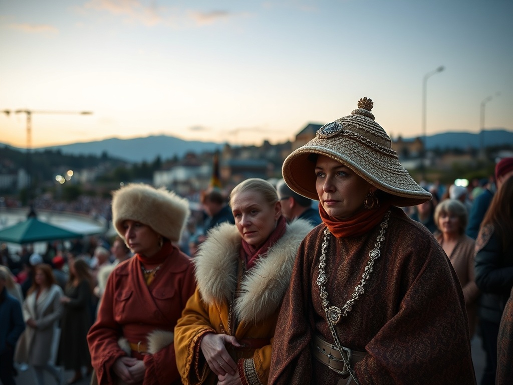 На изображении группа людей в исторической одежде на фоне заката, наблюдающих за событием.
