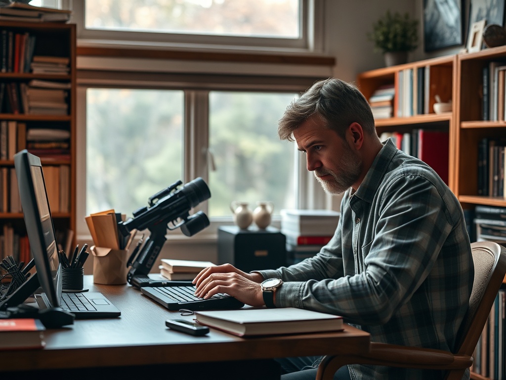 Мужчина работает за столом в домашнем офисе, окружённом книгами и научными принадлежностями.