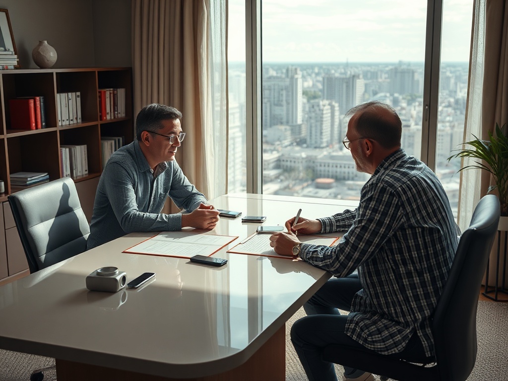 Два человека ведут беседу за столом в офисе с панорамным видом на город.