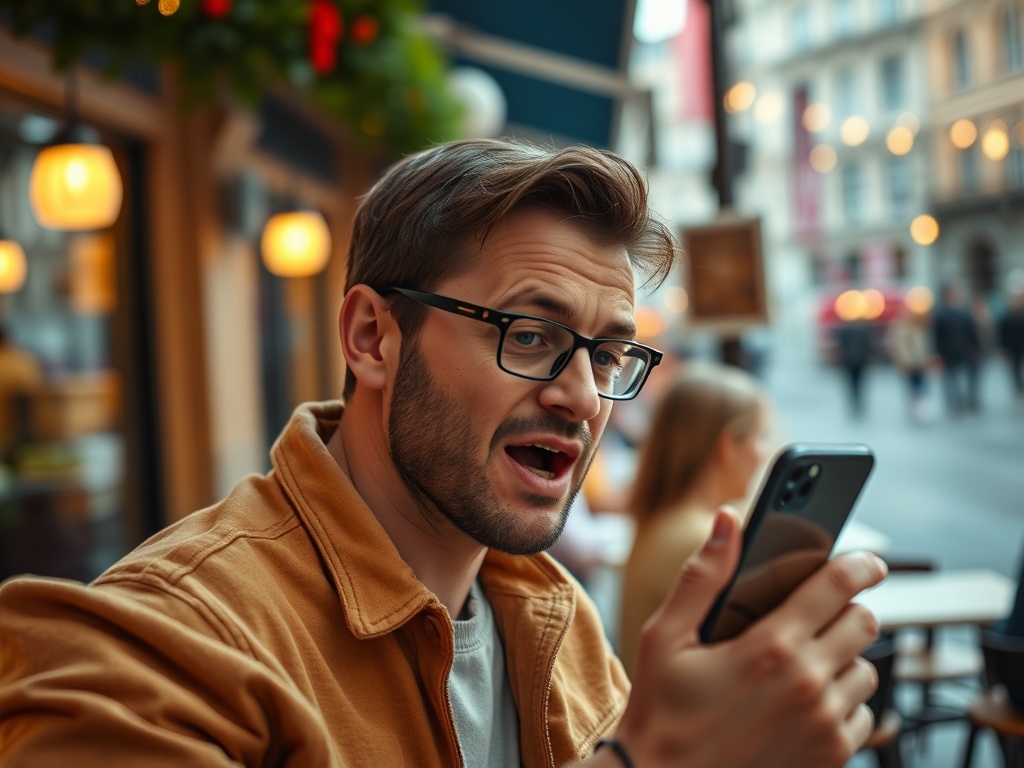 Молодой мужчина в очках разговаривает по телефону в кафе, выглядывая на улицу с оживленным движением.