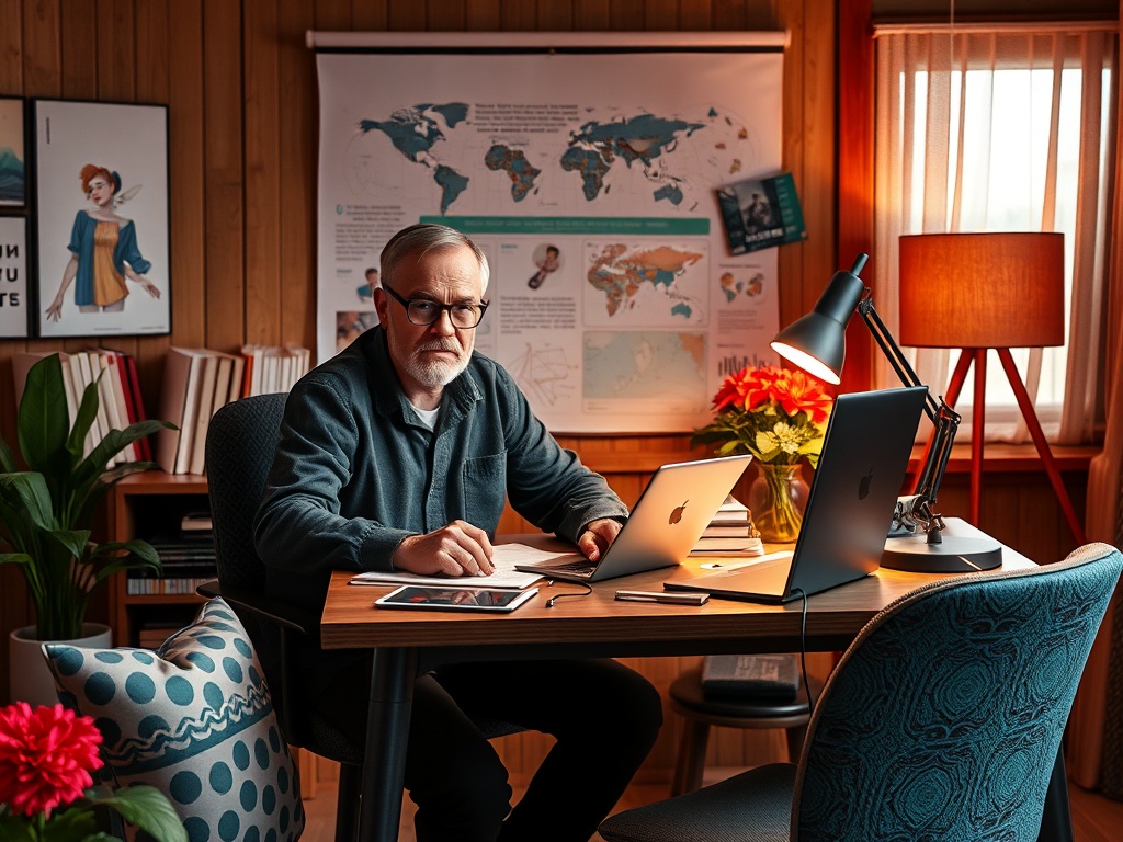 Человек в уютном офисе работает за столом, окружённый цветами и картами мира на стене.