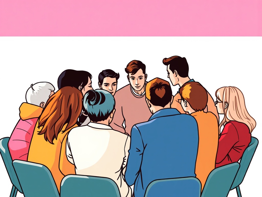 Группа людей сидит в круге, внимательно слушая человека в центре. Яркие цвета и стильный арт.