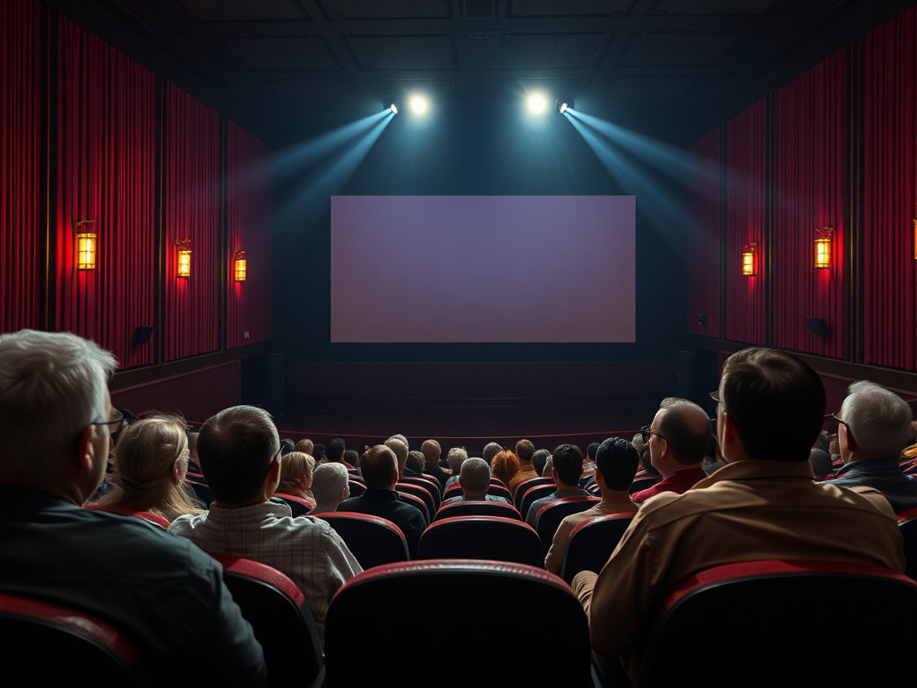 Зал кинотеатра заполнен зрителями, светит проектор, экран пустой и готов к началу показа.