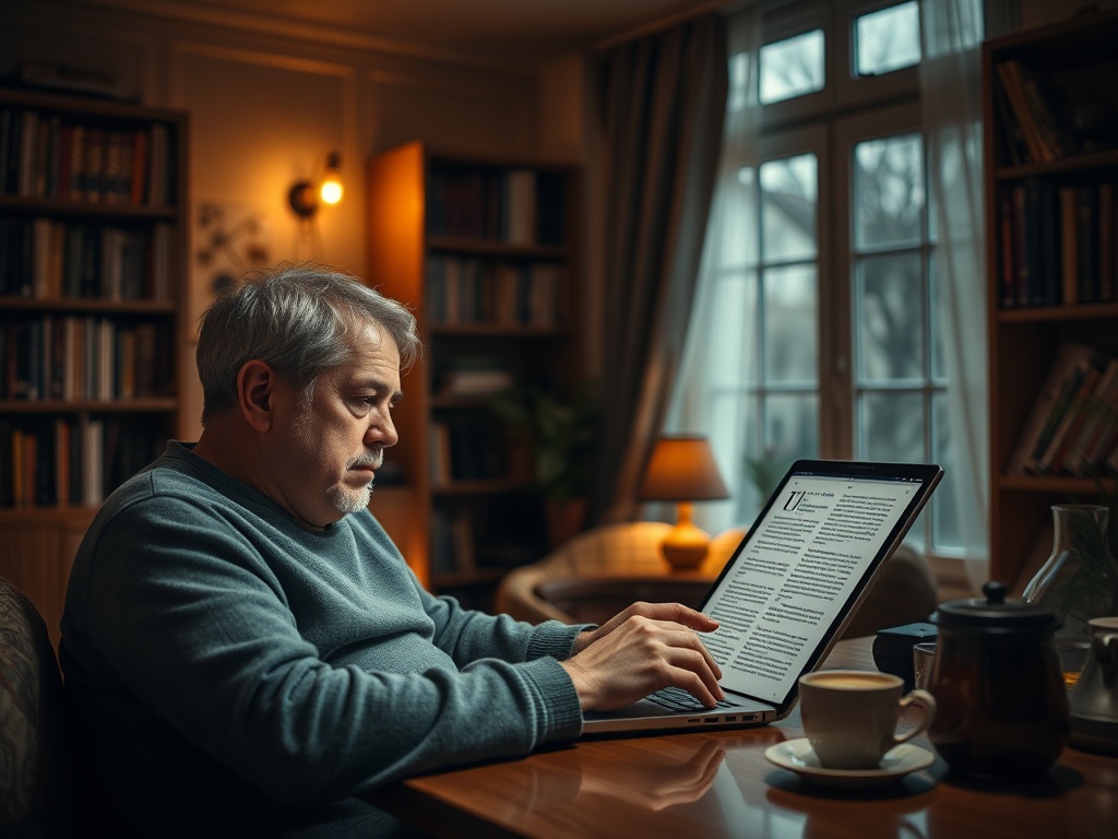 Пожилой мужчина читает на ноутбуке в уютной комнате с книгами и чашкой кофе на столе.