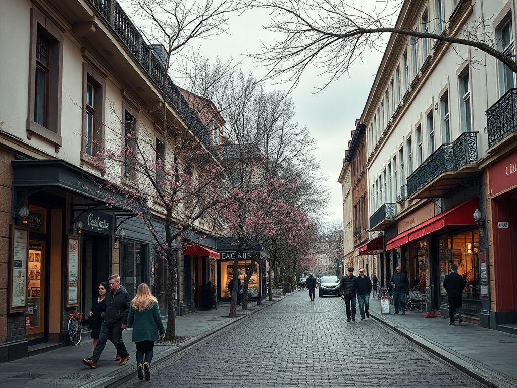 Улица с магазинами и цветущими деревьями, люди гуляют под облачным небом.