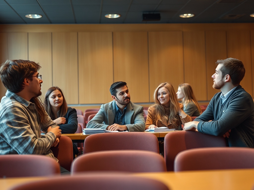 Группа студентов обсуждает что-то за столом в аудитории, сосредоточенные друг на друге.