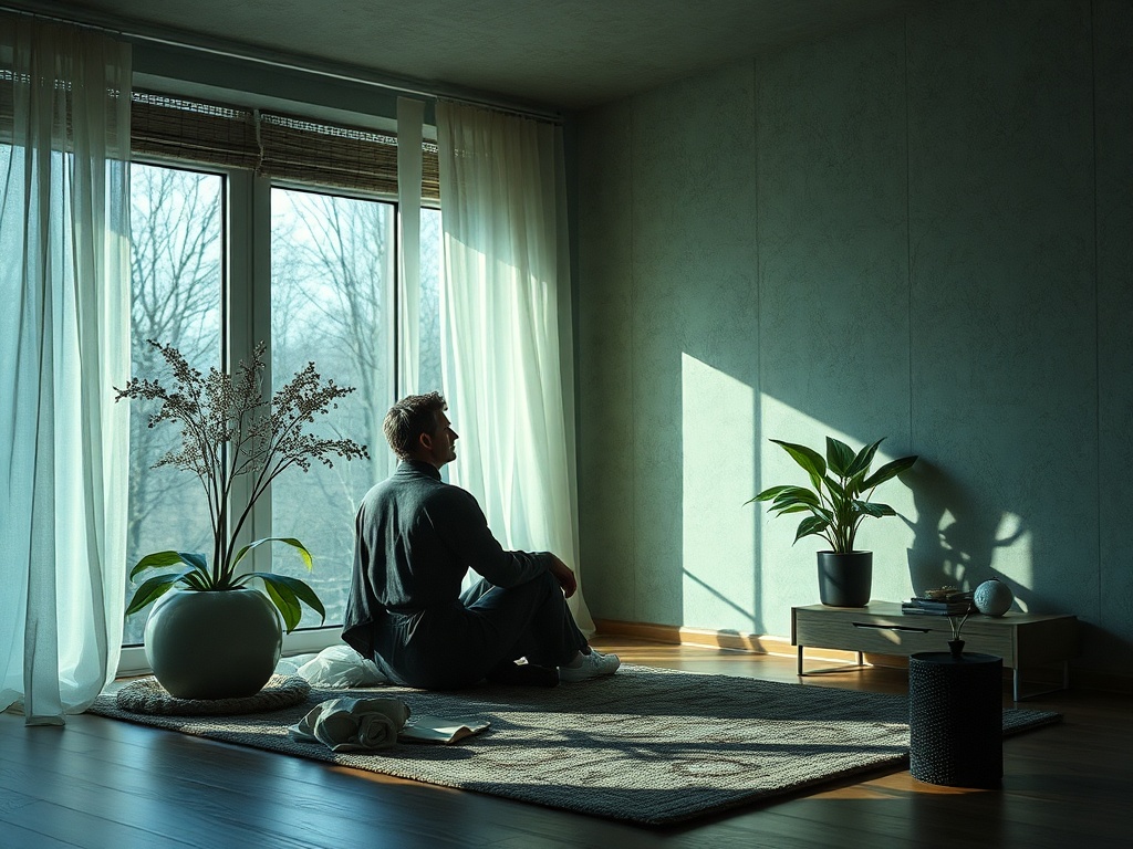 Человек сидит на полу в светлом помещении, окружающий интерьер выполнен в светлых тонах с растениями.
