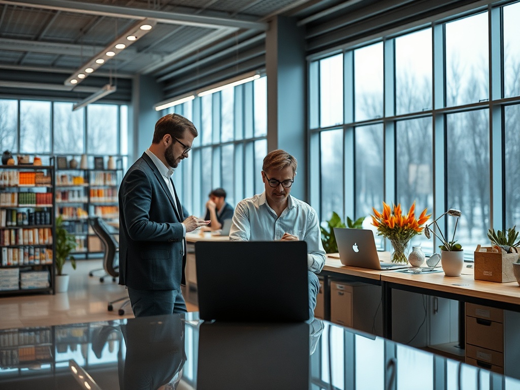 Два человека обсуждают идеи в современном офисе с большими окнами и цветами на столе.