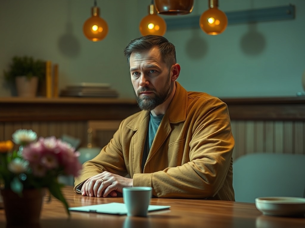 Мужчина в светлом пиджаке сидит за столом, внимательно смотрит на предметы вокруг и держит руки сложенными.